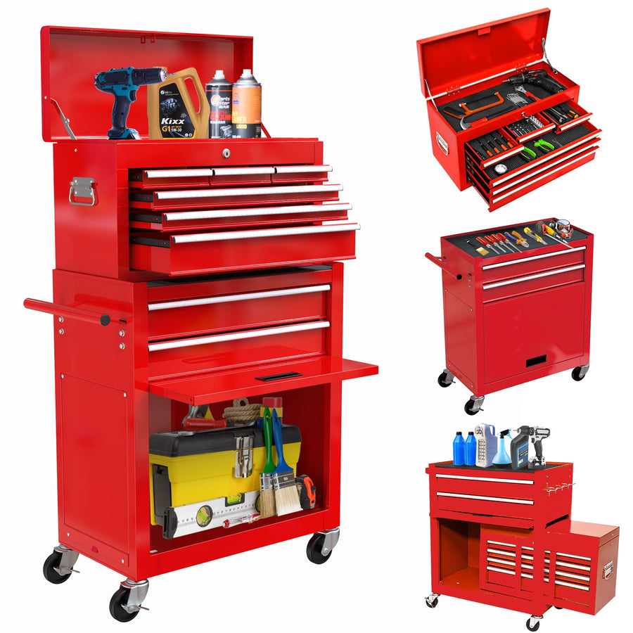 8-Drawer Rolling Tool Chest, 2-IN-1 Tool Chest and Cabinet Stainless Steel, Removable Tool Box Organizer On Wheels Large Cabinet and Sliding Drawers for Garage Workstation Workshop, Red