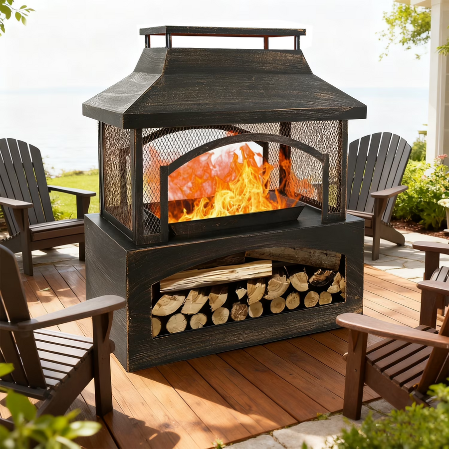 37" Wood Burning Fire Pit, Metal Fireplace for Outside with Log Storage, Outdoor Fireplace with Poker Chimney for Backyard Patio Garden, Brushed Bronze
