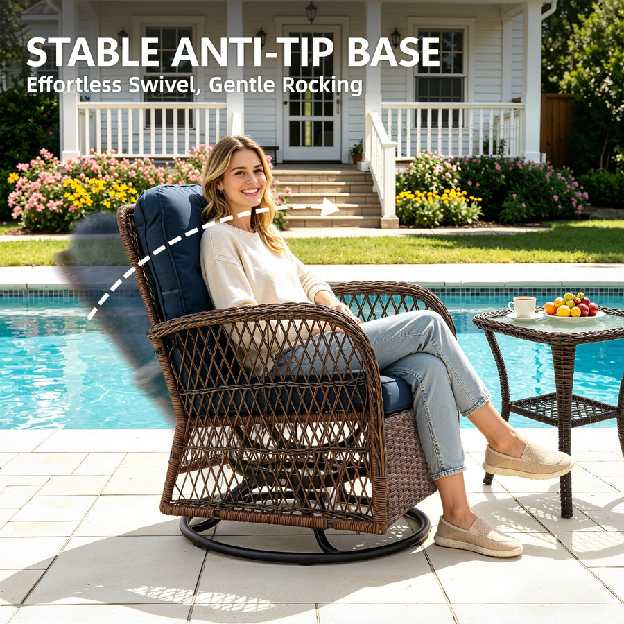 Seizeen 3PCS Balcony Furniture, 360° Swivel Rocking Porch Furniture Set of 2, Outdoor Small Patio Conversation Set Bistro Table and Chairs for Lawn Garden