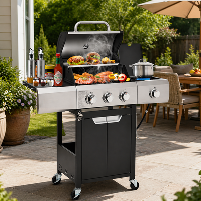 3-Burner Propane Gas Grill with Side Burner, 40,500 BTU Stainless Steel Outdoor BBQ Grill, 465 Sq. In. Cooking Area, Electronic Ignition and Side Table for Patio Backyard