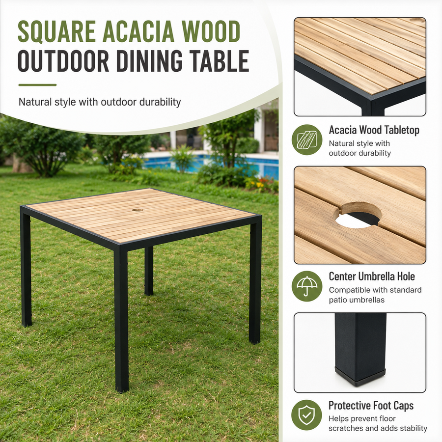 Seizeen 5-Piece Patio Dining Set, Outdoor Dining Table and Chairs with Acacia Wood Tabletop, Umbrella Hole, PE Rattan Armchairs with Beige Cushions, Patio Conversation Set for Garden, Backyard, Deck