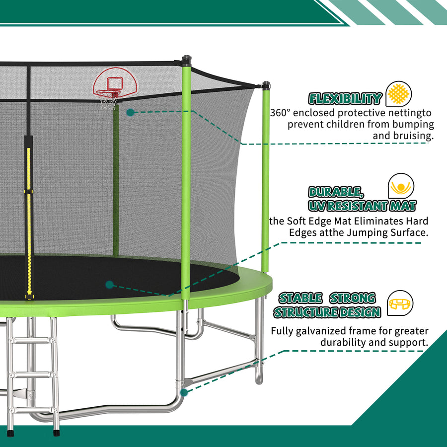 16FT Kids Trampoline with Hoop - Outdoor Trampoline W/Enclosure Net & Ladder, XXL Round Trampolines with Steel Support, Max Weight Capacity 1320LBS