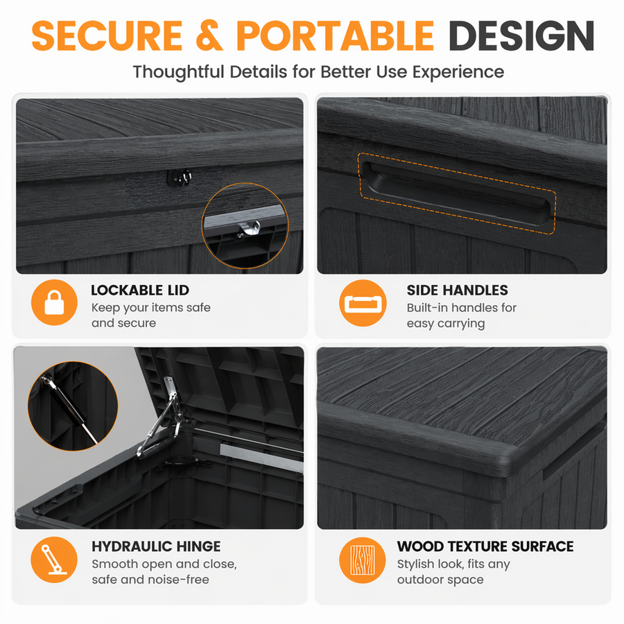 1000LBS Deck Box for Outdoor, 230GAL Resin Storage Bench Toy Box, Patio Pool Furniture Cushion Storage Waterproof, Automatically-Open Lid w/Reinforced Steel Beam