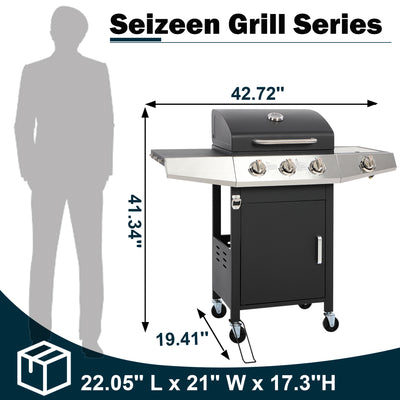 BBQ Grill, Seizeen Gas Grill with Side Burner, 40,000BTU 3-Burner Propane Grill w/Storage Cabinet, Steel Brush, Stainless Steel Camping for Backyard Patio, Portable Design on Wheels