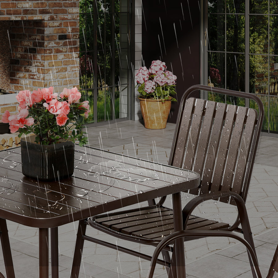 Patio Furniture Set, 5-piece Outdoor Dining Set Wood Grain Top, Plastic Patio Table and Chairs for Deck Yard Balcony Porch, All-weather Steel Frame, 4-person Dining Set for Indoor Outdoor, Brown