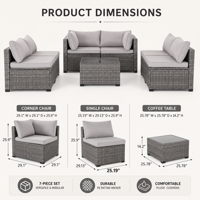 Seizeen Outdoor Furniture, 7PCS Patio Furniture Set Sectional Sofa with Cushions, Front Porch Balcony Furniture Conversation Couch Set with Table