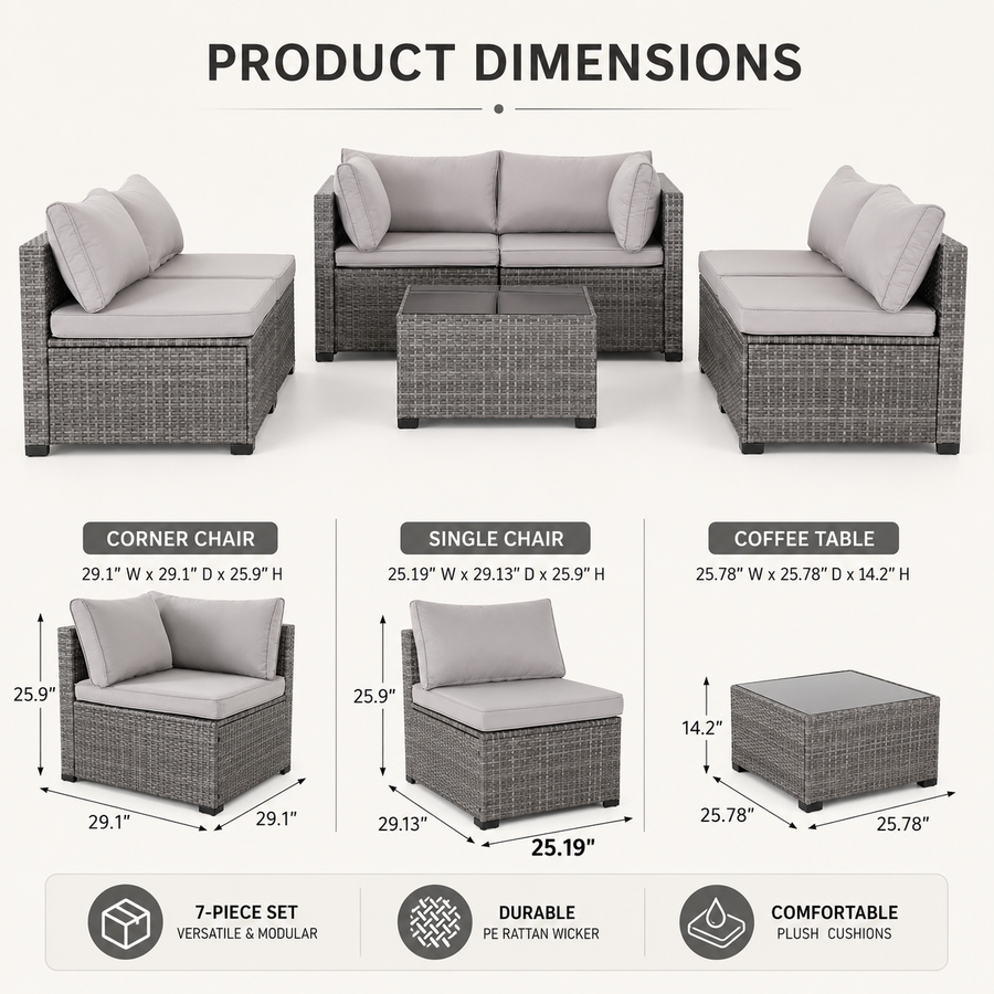Seizeen Outdoor Furniture, 7PCS Patio Furniture Set Sectional Sofa with Cushions, Front Porch Balcony Furniture Conversation Couch Set with Table