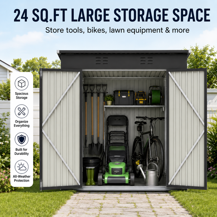 Seizeen 6x4FT Storage Shed, Metal Garden Tool Sheds & Outdoor Storage Clearance for Patio Backyard, Weatherproof and Lockable Outdoor Storage, Black