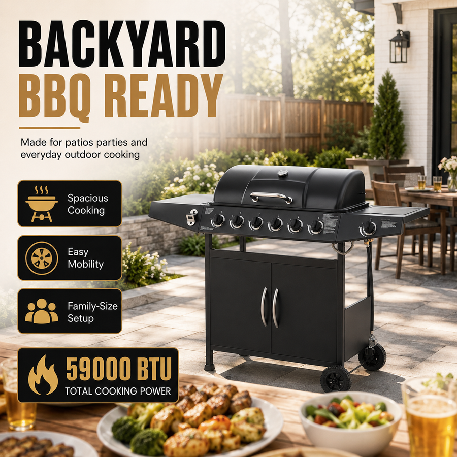 6-Burner Propane Gas Grill with Side Burner, 59000 BTU Outdoor BBQ Grill with Porcelain-Enameled Grates, Warming Rack, Side Tables, Bottle Opener, Thermometer & Wheels for Patio Backyard Cooking