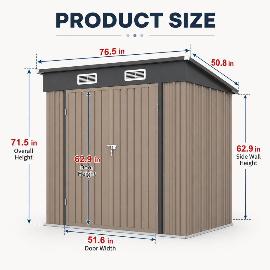 6x4ft Shed Outdoor Storage, All-weather Metal Garden Shed W/Floor, Galvanized Steel Tool Storage Shed, Double Lockable Doors, Brown