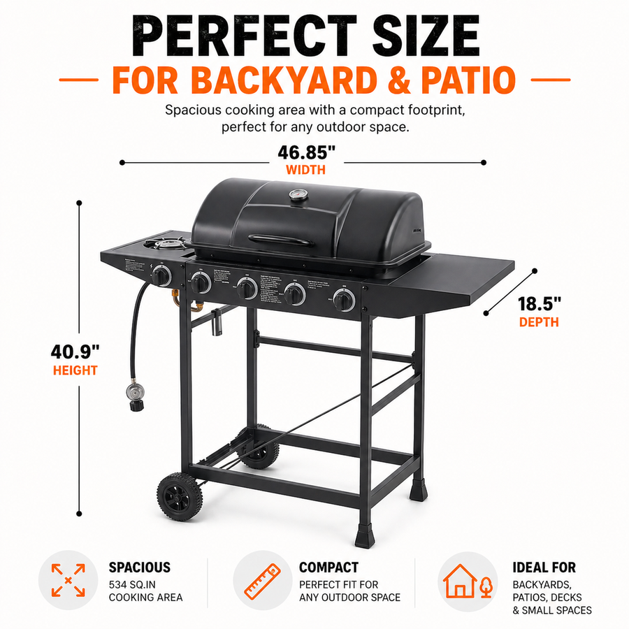 4 Burner Propane Gas Grill with Side Burner, 42000 BTU Stainless Steel BBQ Grill with Cast Iron Grates, 534 Sq In Cooking Area, Outdoor Barbecue Grill with Side Tables for Patio Backyard Cooking