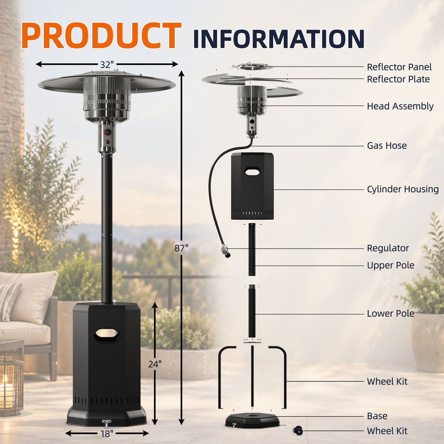 Patio Heaters for Outdoor Use, Propane Heaters w/ 12' Heating Radius, 50000 BTU Heavy Duty Heater w/ Overheating Protection System, Stainless Steel Flame Heater w/ Wheels, Black