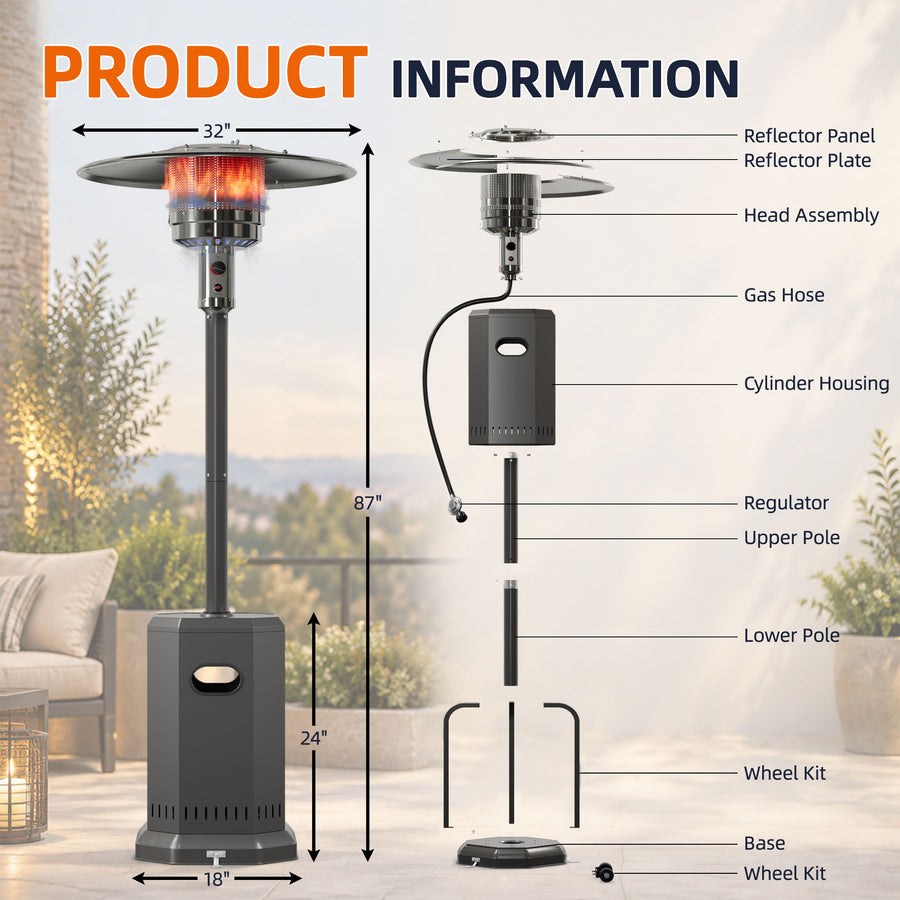 Patio Heaters for Outdoor Use, Propane Heaters w/ 12' Heating Radius, 50000 BTU Heavy Duty Heater w/ Overheating Protection System, Stainless Steel Flame Heater w/ Wheels, Gray