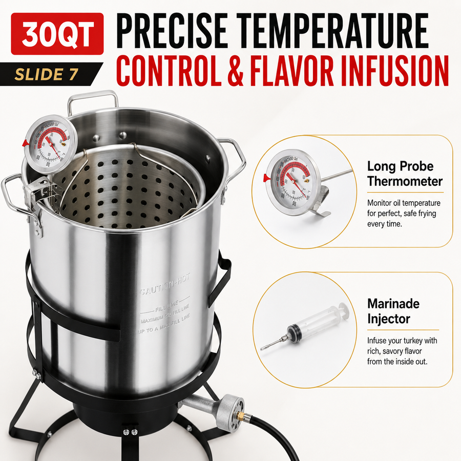 4PCS Outdoor Turkey Fryer Kit, 54,000 BTU Propane Deep Fryer with 30QT & 10QT Aluminum Seafood Boil Pots, Baskets, 32.3-Inch Iron Stand, Poultry Rack, Thermometer and Injector