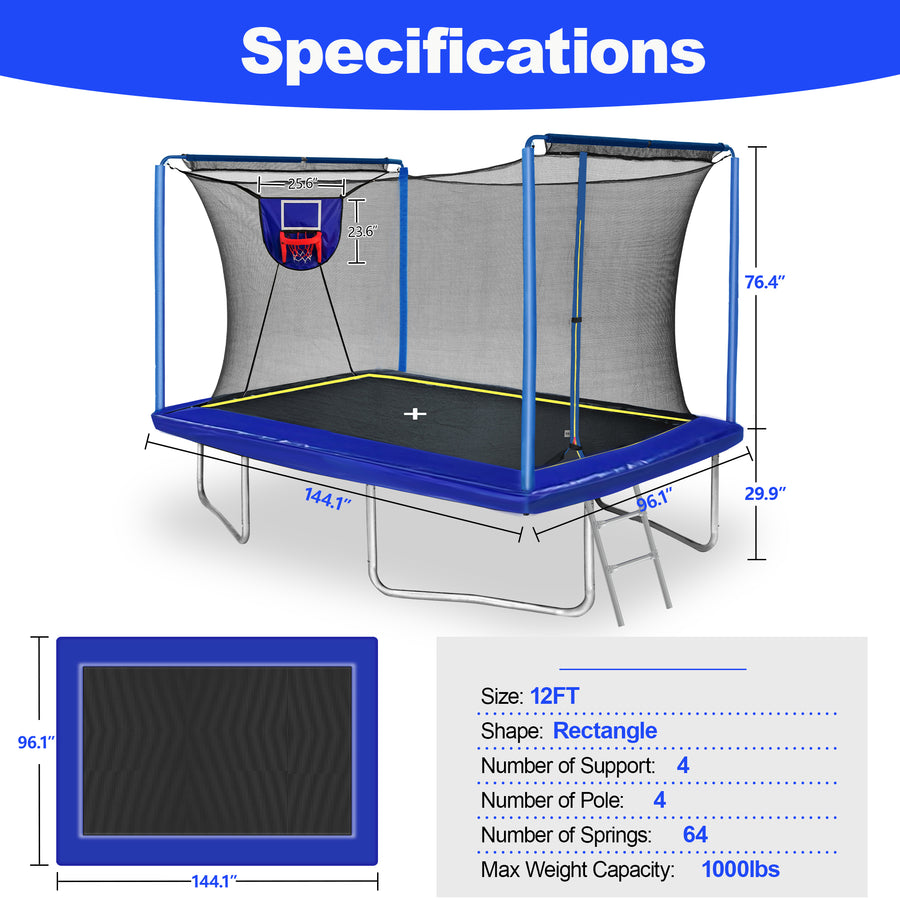 2-IN-1 Rectangle Trampoline with Enclosure Net, 8x12FT Extra Large Kids Adult Trampoline Heavy-Duty Supports, Upgraded Trampoline W/Basketball Hoop, Soccer Target, Shoe Bag, Ladder