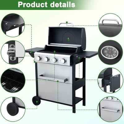 Seizeen 34200BTU 4-Burner Propane Gas Grill, Outdoor BBQ Grill on Wheels, Portable Grill Stainless Steel for Camping Patio RV Party, Foldable Side Table, Hanging Basket
