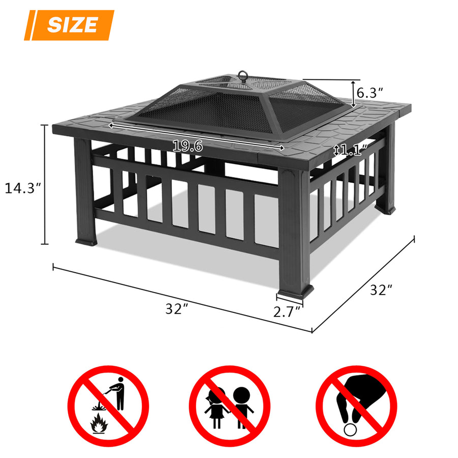 32'' Multipurpose Fire Pit, Outdoor Fire Pit Table for Net Lid/Poker, Square Bronze Firepit Stove for Outside Camping Backyard Bonfire