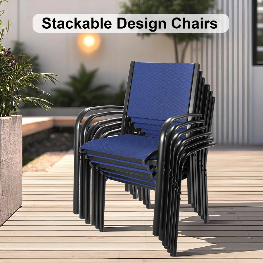 7-Piece Patio Dining Set – Outdoor Rattan Dining Set with 6 Textilene Chairs, Plastic Wood Grain Weather-Resistant Table and Chairs for Garden, Backyard & Poolside