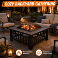 32'' Wood Burning Fire Pit, Outdoor Metal Fire Pit Table with Mesh Screen Lid & Poker, Stone Pattern Patio Fireplace for Backyard, Garden, BBQ, Heating, Square