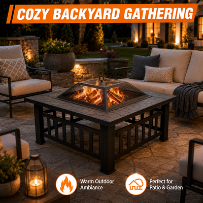 32'' Wood Burning Fire Pit, Outdoor Metal Fire Pit Table with Mesh Screen Lid & Poker, Stone Pattern Patio Fireplace for Backyard, Garden, BBQ, Heating, Square
