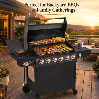 6-Burner Propane Gas Grill with Side Burner, 72,000 BTU Stainless Steel BBQ Grill with Cast Iron Grates, 650 Sq.In Cooking Area, Warming Rack, Thermometer, Side Tables & Wheels for Outdoor Patio Back