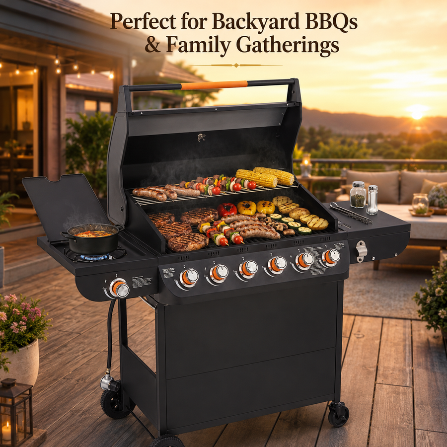 6-Burner Propane Gas Grill with Side Burner, 72,000 BTU Stainless Steel BBQ Grill with Cast Iron Grates, 650 Sq.In Cooking Area, Warming Rack, Thermometer, Side Tables & Wheels for Outdoor Patio Back