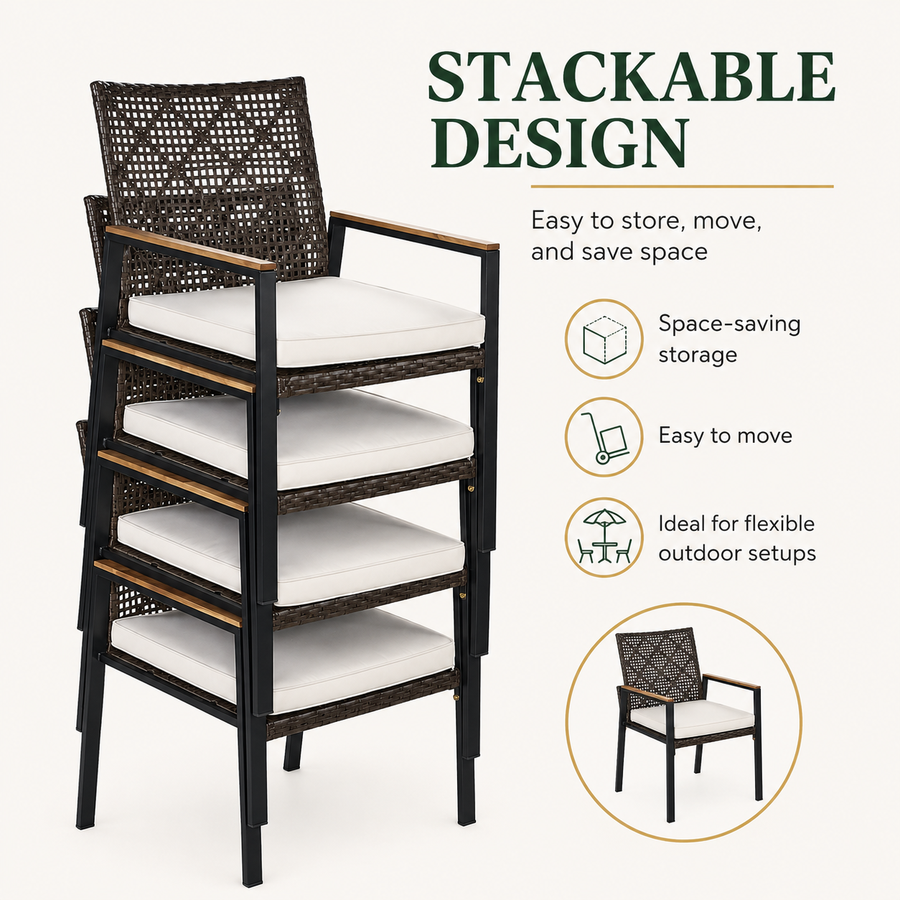 Outdoor Dining Set, 5-piece Outdoor Patio Furniture Table and Chairs Cushioned, Hollow Rattan Dining Table Set for 4, Bold Metal Frame, Acacia Woodtop, Umbrella Hole