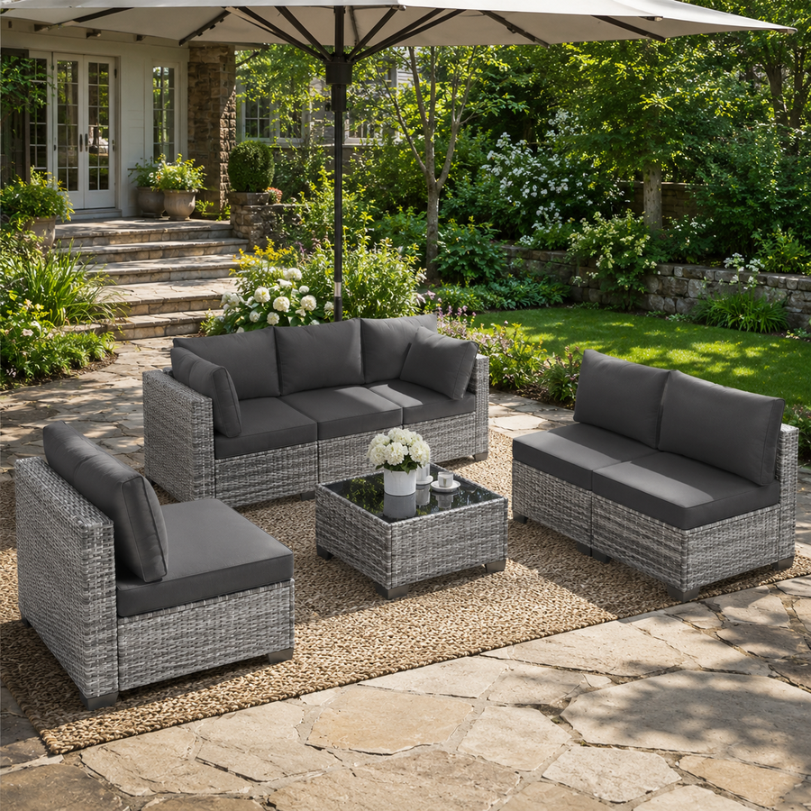 7 Pieces Patio Funiture Set, Outdoor Furniture Sectional Sofa Set,Manual Wicker Rattan Patio Conversation Set Heavy-duty Frame, with Cushions and Table, Gray