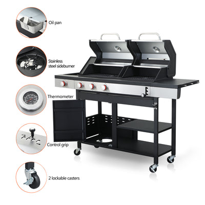 3-IN-1 Gas Grill Combo, Charcoal Grill Smoker Adjustable Height, 3-Burner Propane Gas BBQ Grill with Side Burner, Cast Iron Grid, 2-side Gribble, Storage Shelf, Adjustable Vent, Multifunctional Outdo