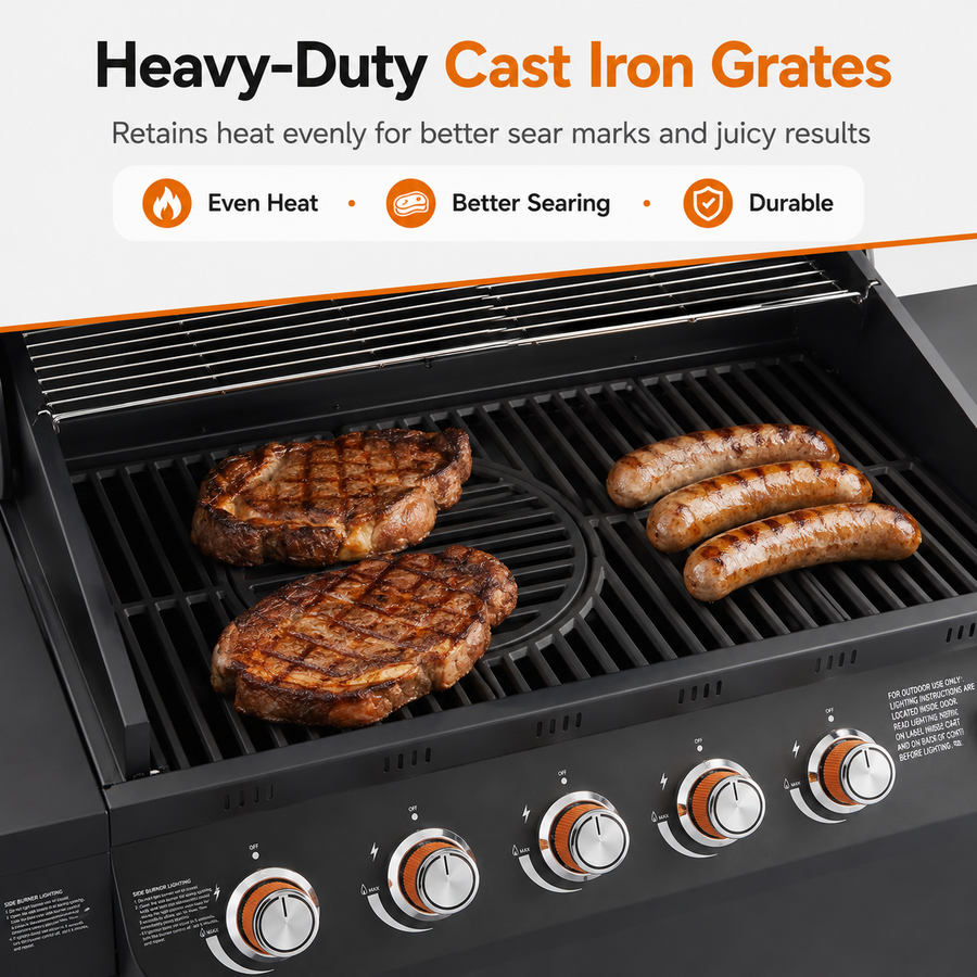 Propane Gas Grill clearance, 6-Burner Outdoor Grill with Side Burner, 72,000 BTU Stainless Steel BBQ Grill, 650 Sq.In Cooking Area, Cast Iron Grates, Thermometer, for Patio Backyard Garden