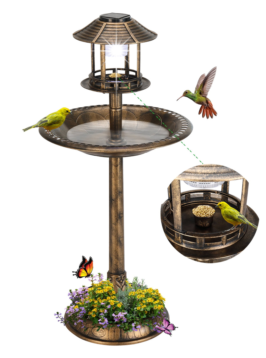 Bird Bath with Bird Feeder, Seizeen Outdoor Bird Baths with Solar Light & Base Planter, Round Birdbaths as Garden Decor, 42''H, Bronze