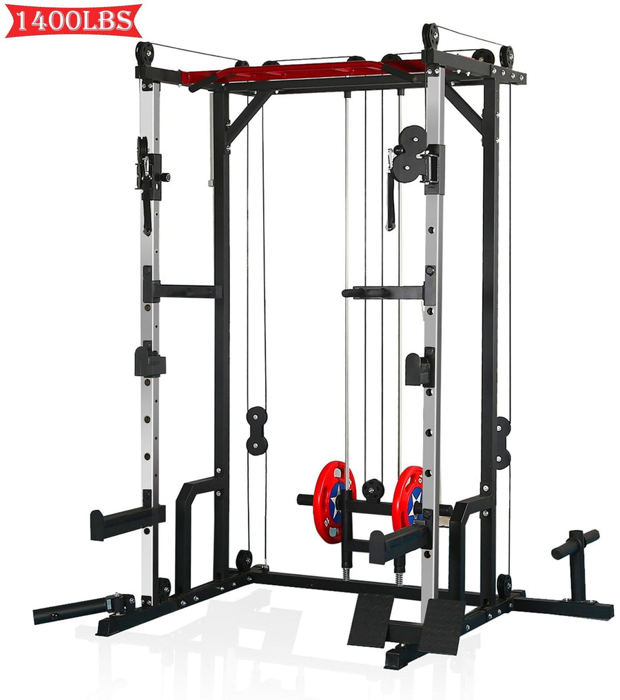 Seizeen Power Cage, 1400LBS Squat Rack with Cable Crossover System, Home Gym Equipment Multi-Function Smith Machine with LAT PullDown System Training Attachments