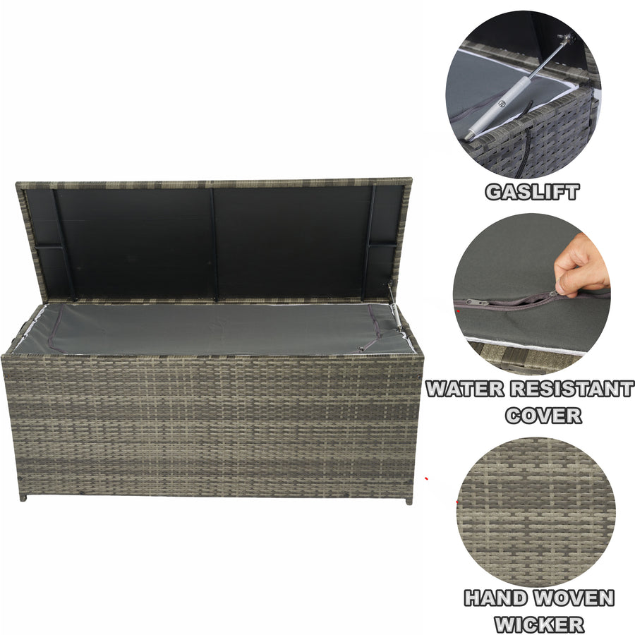 Seizeen Rattan Outdoor Storage Box, XL Wicker Deck Box & Cushion Storage Container, Waterproof Pool Box for Pool Accessories, 113 Gallon Patio Storage Box W/Inner Liner, Grey