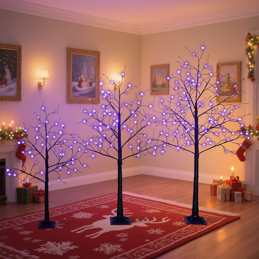 Outdoor Christmas Trees Set of 3, 4FT 5FT 6FT Prelit Artificial Tree All-weather Waterproof, with 2560pcs Timer Warm Lights, DIY Branchs, Holiday Home Decoration, Black