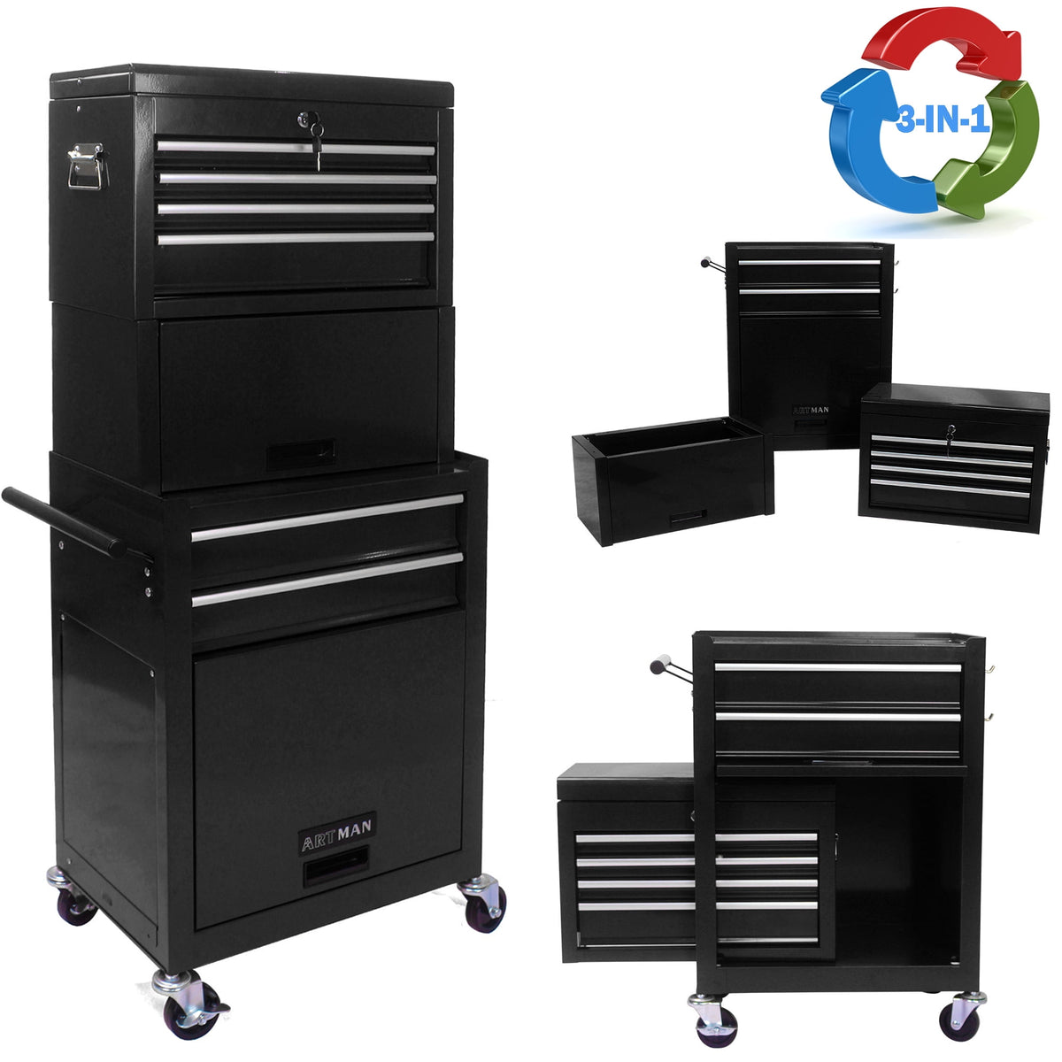 Seizeen 6-Drawer Rolling Tool Box, 3-IN-1 Metal Tool Chest Detachable ...