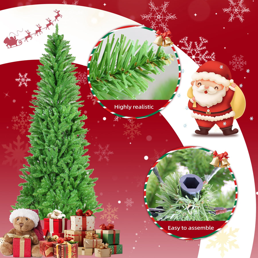 Seizeen 7FT Christmas Tree, Artificial Green Tree with 775 Green Tips, Slim Fir Xmas Tree w/Hinged Branches, Folding Metal Stand, Holiday Decoration for Carnival Party