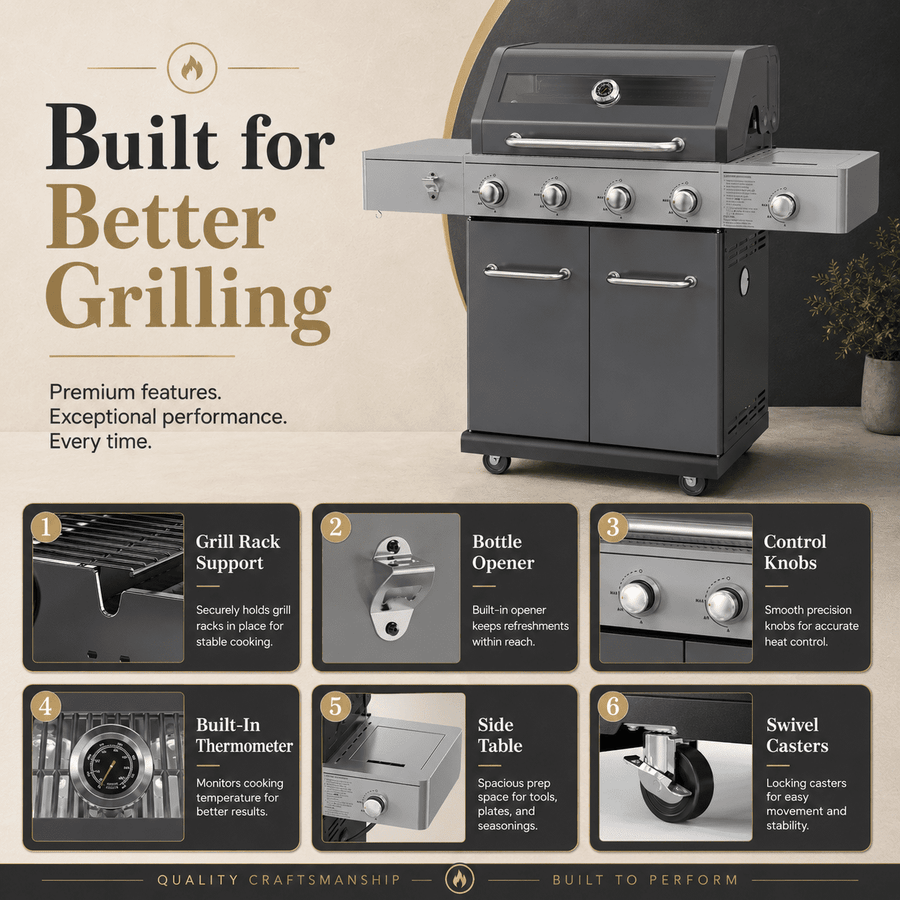 Seizeen 56,000 BTU Outdoor BBQ Grill, 4-Burner Propane Gas Grill with Side Burner w/ Lid Viewing Window, Multifunctional Grill w/Cast Iron Grate, Built-in Thermometer, Warming Rack for Patio Backyard