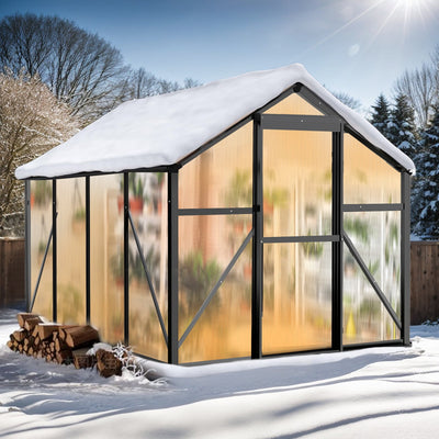 Walk-in Greenhouse for Outside, 6x8FT Polycarbonate Green House Aluminium Alloy, High Light Transmittance Polycarbonate, 5-Level Adjustable Vent, Additional 8 Supports, Sliding Door