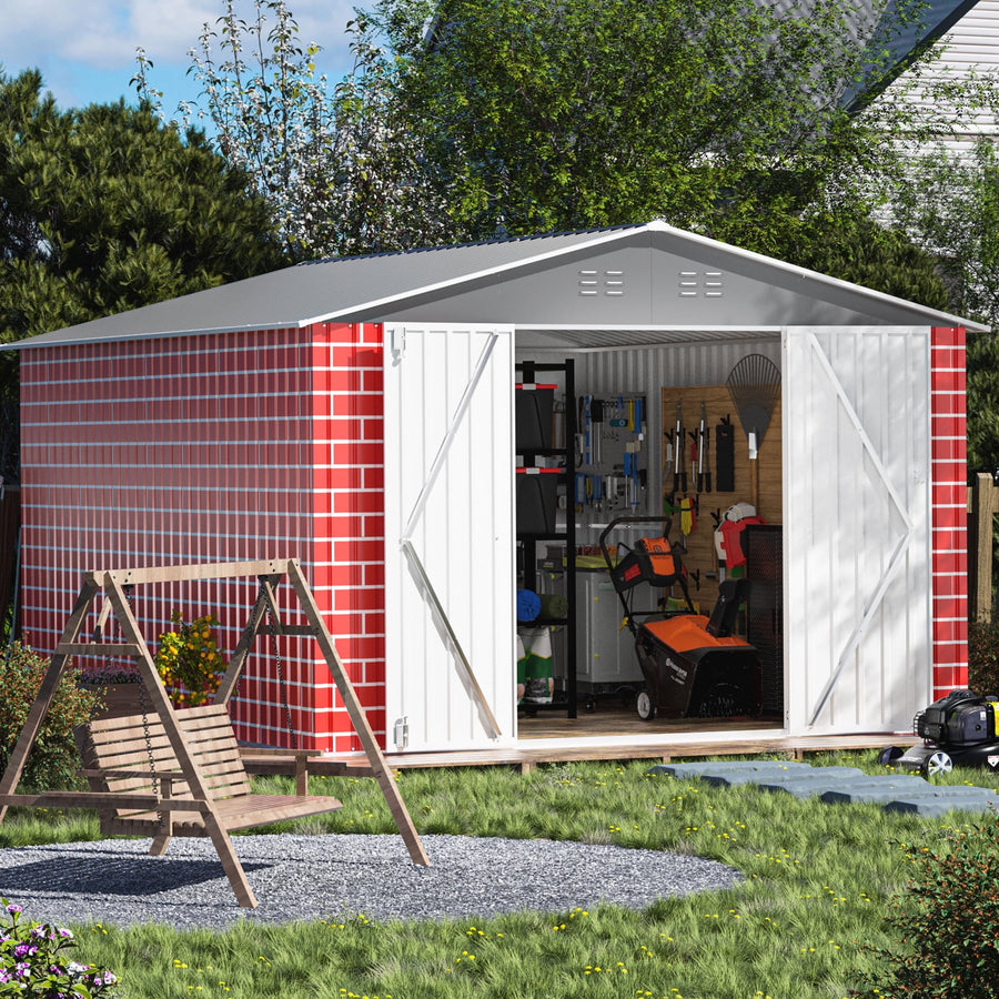 8x12ft Shed and Outdoor Storage, Garden Tool Metal Shed w/ Double Lockable Doors, All-Weather XL Patio Storage Sloped Roof, Red Brick Backyard Bike Shed