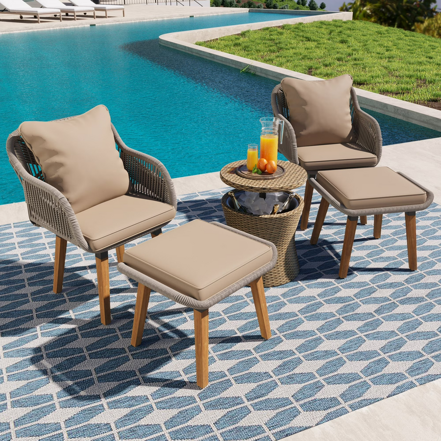Ourdoor Furniture Patio Set, 5 Pieces Porch Armchair Chair with Cushions and Ottomans, All-weather Patio Furniture with 3-In-1 Cooler Bar Table