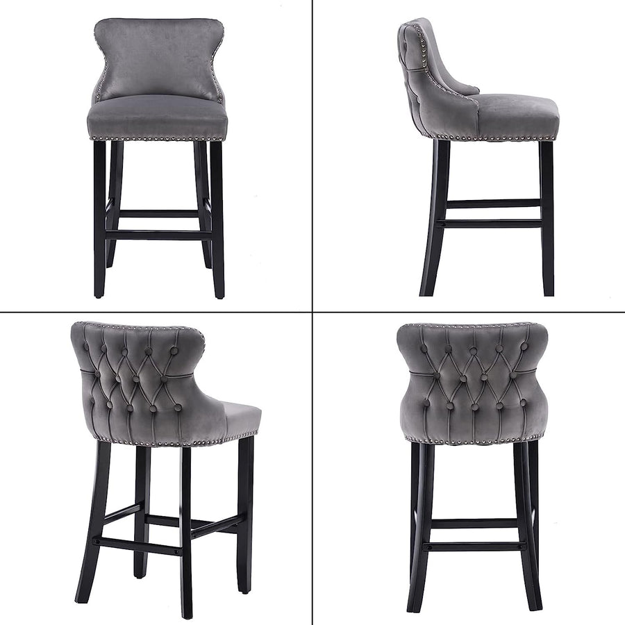 Seizeen Counter Height Bar Stools, Set of 2, Wing-back Velvet Dining Chairs with Soft Cushion, Solid Wood Legs, Button Tufted Decoration and Chrome Nailhead Trim, Gray