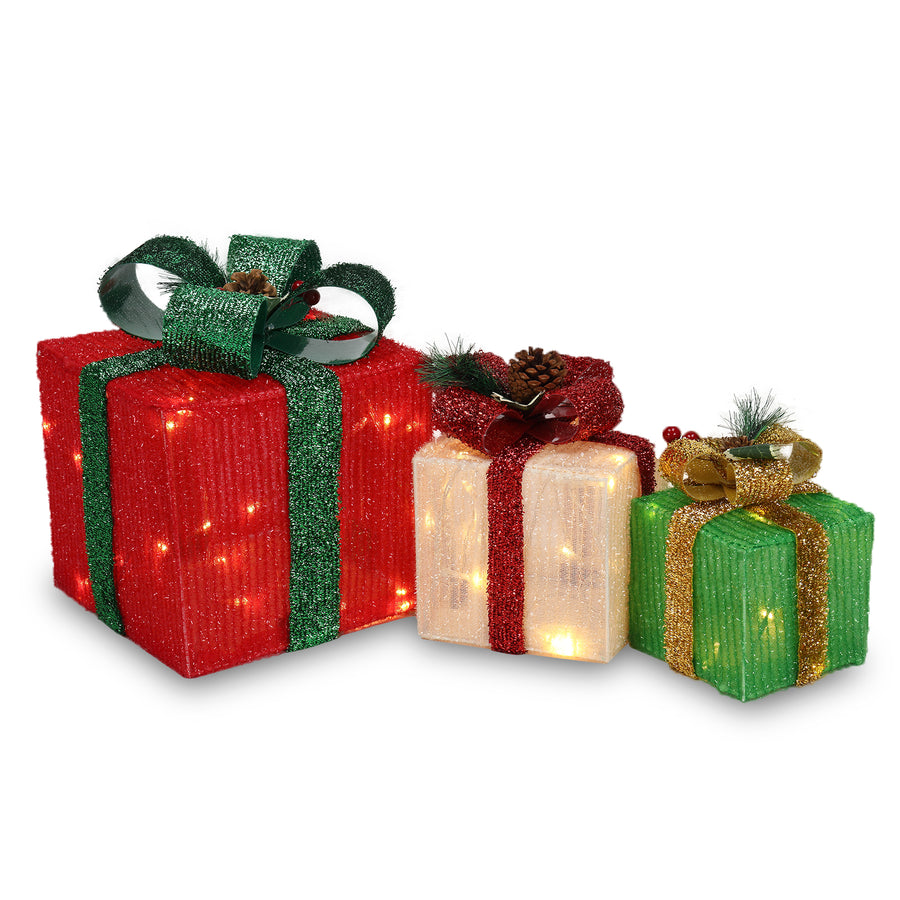 Flocked Gift Box w/Colorful Lights, 3pcs Christmas Ornaments with Berries, Branches, Pine Cones Decor, Lighted Christmas Tree Decorations for Indoor Home