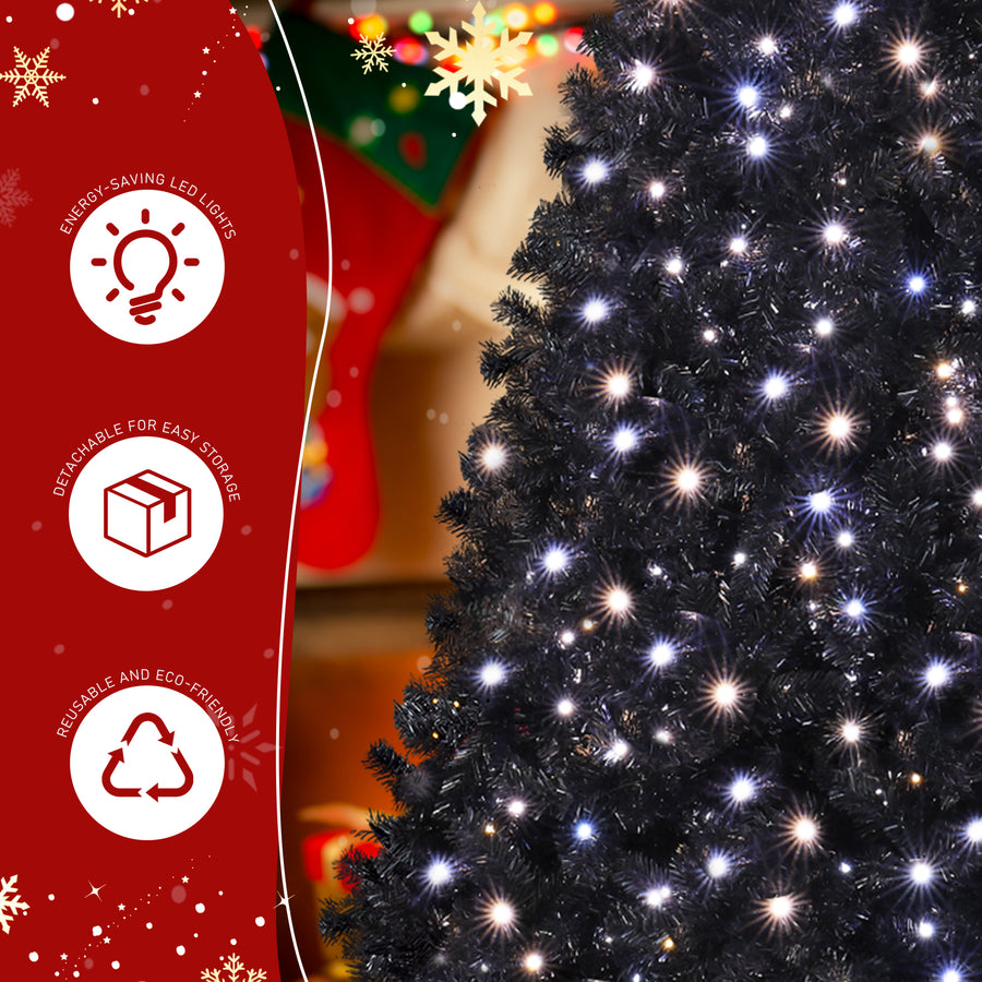 7.5 FT Pre-Lit Black Artificial Christmas Tree with 1350 Branch Tips, 400 LED Lights, Remote Control & 11 Lighting Modes, Hinged Pine Tree for Holiday Home Office Party Decoration