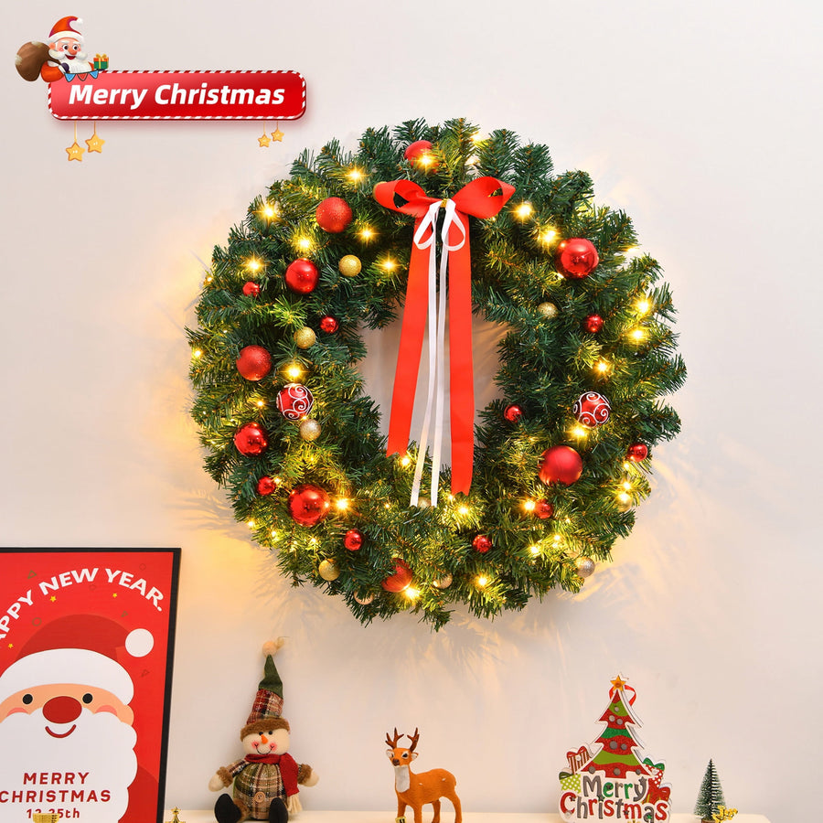 36in Pre-lit Battery Powered Christmas Wreath – Lighted Artificial Xmas Wreath with 80 Warm Lights, 270 PVC Tips & 18 DIY Ornaments for Front Door, Gate & Wall Xmas Party Decorations