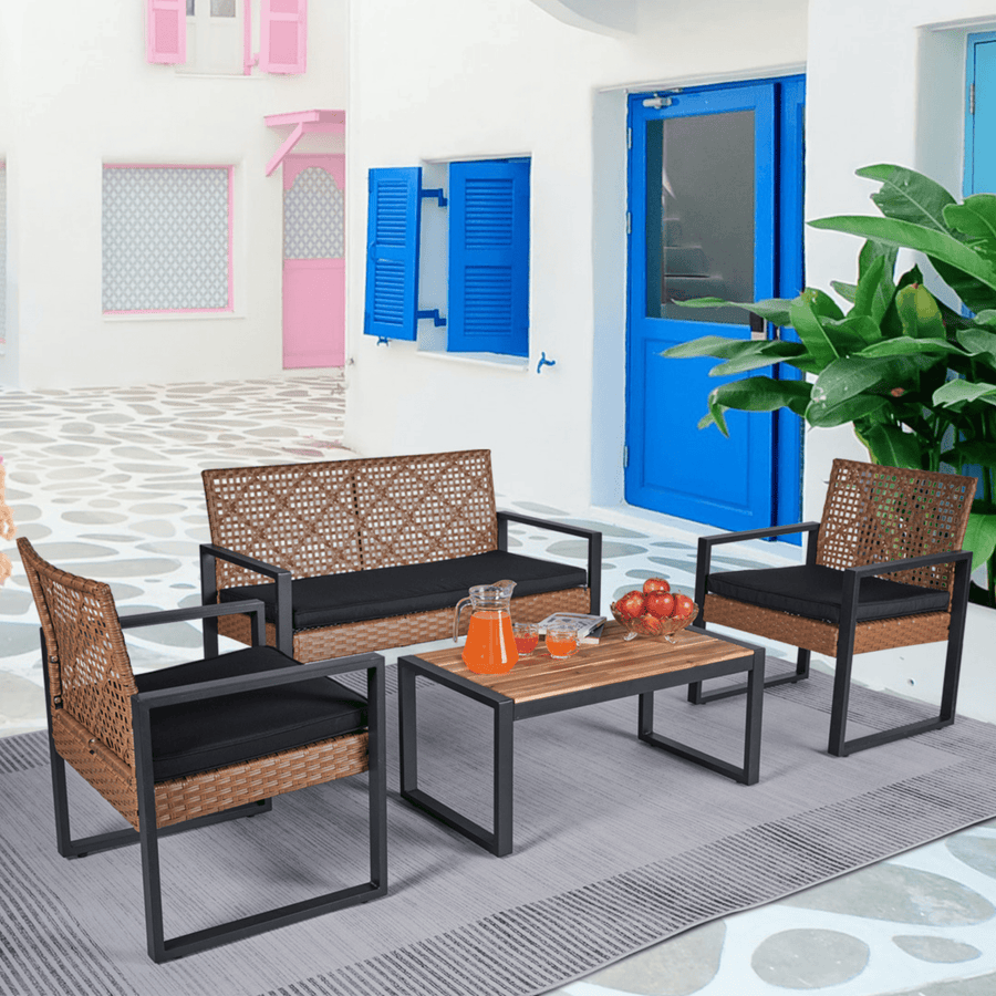 Seizeen Patio Sectional Conversation Sofa Set, 4-Seat Rattan Patio Set With Table, Cushioned Furniture Sofa Set for Patio Garden Poolside Deck, Black Cushion