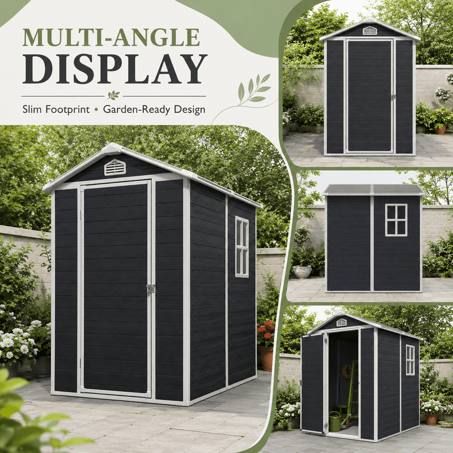 Seizeen 4 x 6 FT Plastic Storage Shed with Floor, Sloped Roof Outdoor Resin Shed with Window & Vents, Lockable Garden Tool Shed for Backyard Patio Lawn, Black