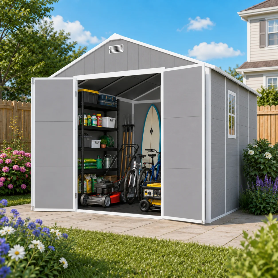 Seizeen 8 x 10FT Resin Shed, Outdoor Storage Shed, Outside Garden Plastic Shed for Lawn Mover Bike Tool, w/Double Doors, Air Vents, Double Windows, PP Floor
