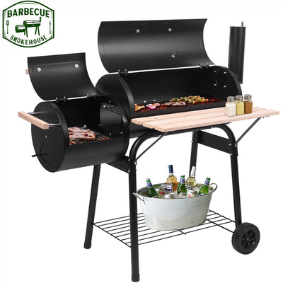 Charcoal Grill w/Smoker, Outdoor BBQ Grill with Side Table, Portable Offset Smoker W/2-zone Area