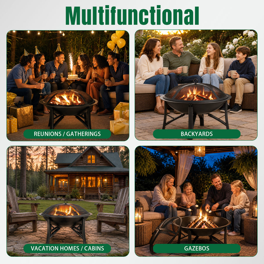 Seizeen 22'' Fire Pit for Outside, Wood-Burning Fire Bowl with Mesh Lid, Fire Poker/Grate, Portable Small Fire Stove for Patio Camp Backyard