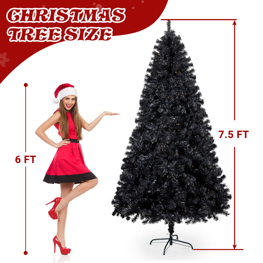 7.5 FT Pre-Lit Black Artificial Christmas Tree with 1350 Branch Tips, 400 LED Lights, Remote Control & 11 Lighting Modes, Hinged Pine Tree for Holiday Home Office Party Decoration